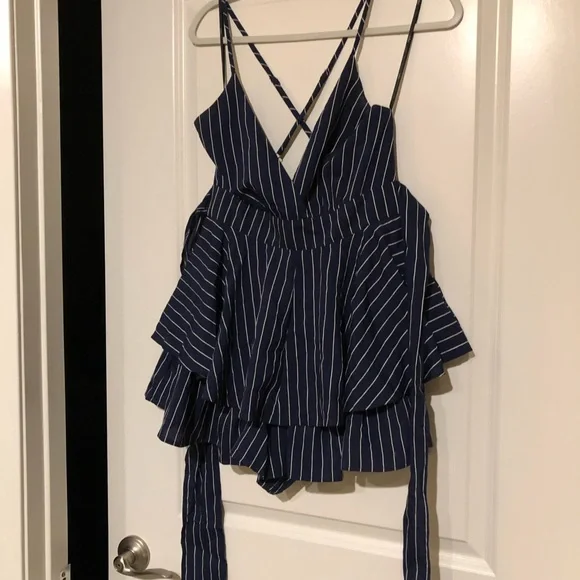 Lulu’s Ruffle and Flow Navy Blue Striped Backless Ruffle Romper - Picture 8 of 10